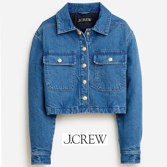 J Crew Cropped Denim Puffer Jacket Blue Quilted Jean Coat 90s Street Style S - Picture 2 of 13